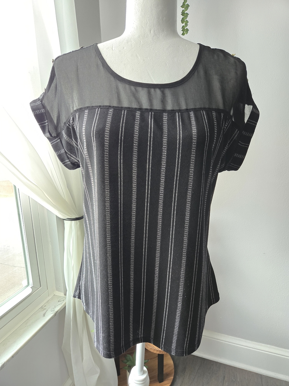 Sweet Wanderer Black Striped Top - Mesh Yoke & Metallic Silver Pinstripes - Size
